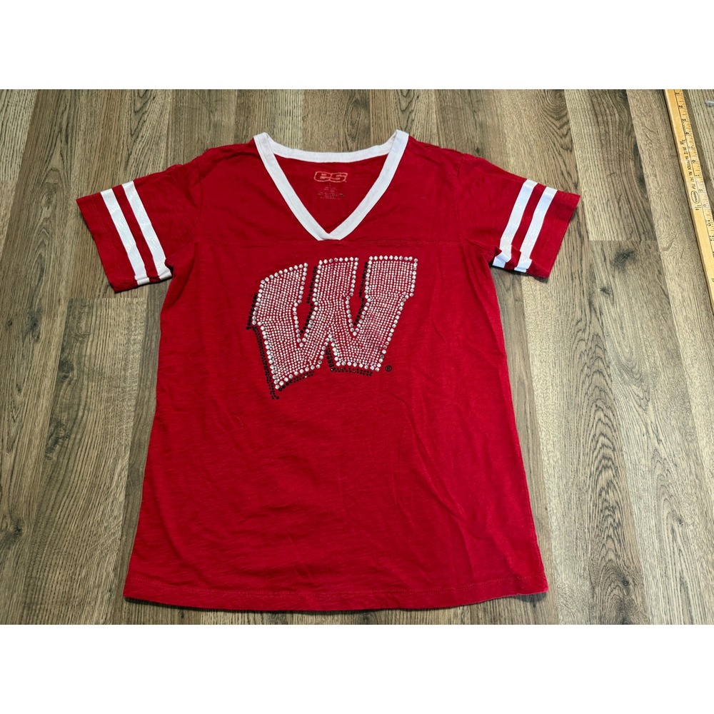 E5 University of Wisconsin Badgers Rhinestone V-Neck T-Shirt Red Womens Large
